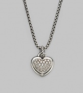 From the Hearts Collection. A sweet heart with a center of pavé diamonds hangs from a sterling silver cable bale and box chain. Diamonds, 0.23 tcw Sterling silver Chain length, about 17 Pendant length, about ¾ including bale Lobster clasp Made in USA