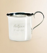 Gleaming sterling silver cup is practical today and a keepsake forever, destined to be passed down through generations. 7.1 oz capacity 2¾H X 2¾ diameter Made in SpainFOR PERSONALIZATIONSelect a quantity, then scroll down and click on PERSONALIZE & ADD TO BAG to choose and preview your monogramming options. Please allow 2 weeks for delivery.