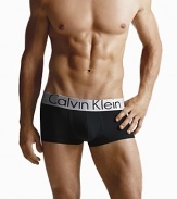 Calvin Klein Steel Micro Basic Low Rise Trunks. These modern fit and updated silhouette lower rise trunks are in a sophisticated premium, ultra luxe microfiber fabrication. Microfiber logo waistband with metallic luster. Large logo. Tagless.