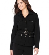 Calvin Klein's belted jacket looks super crisp with shoulder epaulettes and gleaming hardware details. A stylish look that's a cinch to pair with other pieces from Calvin Klein's collection of suiting separates.