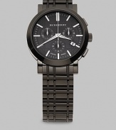 The classic signature check, subtly interpreted in the pattern of the stainless steel bracelet and dial. Stainless steel case and bracelet with black IP (ionic plating) finish Black dial has 3 chronograph sub dials Date display Quartz movement Water-resistant to 50 ATM Mineral crystal Second hand Imported