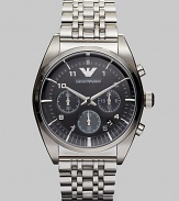 Sleek and shiny stainless steel bracelet is accented with a textured dial with chronograph functionality.Round bezelQuartz movementWater resistant to 5ATMDate function at 4Stainless steel case: 43mm (1.69)Stainless steel braceletSecond handImported