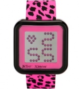 The wild side goes girlie. Betsey Johnson watch crafted of fuchsia and black animal print silicone strap and square black polycarbonate case with fuchsia bezel. Positive display digital LCD screen features time in pink. Quartz movement. Water resistant to 50 meters. Two-year limited warranty.