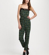 Pretty, floral-print silk trimmed with sheer lace makes a season-perfect jumpsuitSpaghetti strapsStraight necklineElastic waistCenter back zipperRise, about 10Inseam, about 28SilkDry cleanMade in USA of imported fabricModel shown is 5'10; (177cm) wearing US size 4.