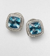 From the Albion Collection. A dramatic center of faceted blue topaz, surrounded by pavé diamonds set in sterling silver. Diamonds, 0.49 tcw Blue topaz Sterling silver About ½ square Post back Made in USA