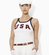 A casual scoopneck tank in soft cotton jersey is embellished with bold country embroidery in celebration of Team USA's participation in the 2012 Olympics.