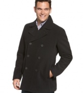 Warm up your cold-weather wardrobe with streamlined, sophisticated design of Kenneth Cole's classic button-front men's pea coat in plush wool.