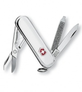 Always be prepared with this sterling silver classic SD pocket Knife by Swiss Army. Featuring a blade, nail file with screw driver, scissors and key ring. Lifetime guarantee against any defects in material and workmanship.