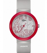 Simple shades of gray from Lacoste. Unisex Goa watch crafted of gray stripe silicone strap with printed text logo and round plastic case with red bezel. Gray stripe dial features jumbled red and white numerals, iconic crocodile logo at twelve o'clock, cut-out hour and minute hands, and red second hand. Quartz movement. Water resistant to 30 meters. Two-year limited warranty.