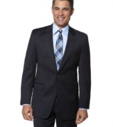 Relax in smooth, truly dapper style. This handsome navy jacket features a single-breasted, two-button front and notch lapel. Chest welt pocket, front flap pockets. Center back vent.