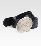 Embossed leather is crafted in Italy with a silver logo buckle. About 1 wide Made in Italy