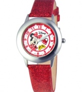 Polka dots and bows! Featuring iconic Disney character, Minnie Mouse, this glittering watch flaunts a sparkling design.