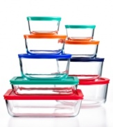 Totally stored. Rearrange & rethink your space with the durable, dependable and fresh-keeping promise of Pyrex. With a size & a shape for every kind of prep and leftover, this collection makes it easy to move from oven to microwave to dishwasher to fridge to freezer, all in one container. 2-year warranty on bakeware; 1-year warranty on plastic covers.
