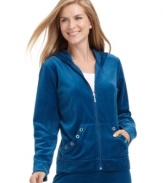 Lounging just got more luxurious with this zip-up hoodie from On Que, featuring rhinestone grommets and lush velour.