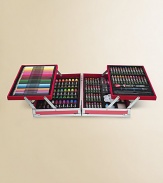 132-piece set includes 12 watercolors, palette, 28 colored pencils, 24 oil pastels, 26 crayons, 30 markers, water bottle, 2 brushes, sponge, 2 pencils, sharpener, eraser, clear and white glue. Sturdy aluminum case opens to reveal 2 fold-out trays and 2 large storage compartments.Suitable for ages 3 and upOverall, 13W x 9HImported