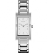 Tremendously elegant and subdued, this women's watch from DKNY shines. Rectangular stainless steel case. Stainless steel silvertone bracelet and rectangular case. Rectangular silvertone dial with logo and numerical indices. Quartz movement. Water resistant to 30 meters. Two-year limited warranty.