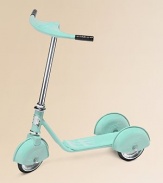 A retro-look, pressed steel scooter with sleek chrome wheels is designed for kids ages 3 to 5. Safe and durable; 9lbs Stands upright on 3 wheels Adjustable handlebars Rubber tires Adult supervision required Quick assembly 9W X 25H X 23L Non-toxic, child safe coating Imported