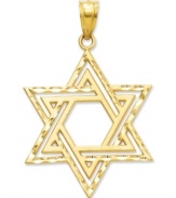 Commemorate your faith. This intricate cut-out Star of David makes the perfect symbolic gift. Crafted in 14k gold. Chain not included. Approximate length: 1-1/2 inches. Approximate width: 1 inch.