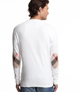 Long sleeve crewneck shirt in a soft cotton with check elbow patches.