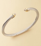 From The Cable Kids Collection. A charming sterling silver cable with pavé diamond end caps set in 18k gold. Diamonds, 0.08 tcw Sterling silver and 18k yellow gold Cable, 4mm Diameter, about 2 Made in USA
