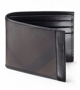 Wallet with one bill slot and six card slots. Two miscellaneous slots. Subtle smoke check pattern, leather trim detail on side and inside.