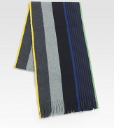 A multicolored stripe design with fringe accents.Fringed ends9W x 71LCottonHand washImported