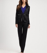Stretch wool sateen in a slim-fit silhouette, cinched with a double-wrap leather belt.Notched lapelFront hook-and-eye closureWelt pocketLong slim-fit sleevesSide flap pocketsIncluded leather beltSingle back ventSilk liningAbout 26 from shoulder to hem96% wool/3% polyamide/1% elastaneDry cleanMade in ItalyModel shown is 5'11 (180cm) wearing US size 4 Additional Information Women's Premier Designer & Contemporary Size Guide 
