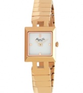 Kenneth Cole New York achieves understated opulence with this delicate, rosy watch. Rose gold-plated stainless steel bracelet and square case. Clean white dial features applied gold tone markers at twelve, three, six and nine o'clock, two hands and black logo. Quartz movement. Water resistant to 30 meters. Limited lifetime warranty.