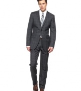 Not sure if the suit makes the man? Try on this slim-fit charcoal plaid style from DKNY and see if you don't feel like a winner.