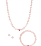 A fun update to your accessory collection, this matching set features a necklace, stretch bracelet and stud earrings crafted from rose quartz (6-8 mm) and crystal beads. Set in sterling silver. Approximate length (necklace): 18 inches. Approximate length (bracelet): 7 inches. Approximate diameter: 1/3 inch.