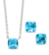 A fun and colorful update to your wardrobe, this matching pendant and earrings set features cushion-cut blue topaz (5 ct. t.w.) set in sterling silver. Approximate length: 18 inches. Approximate drop (pendant): 1/4 inch. Approximate drop (earrings): 1/4 inch.