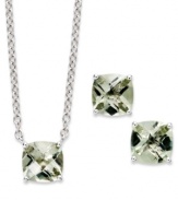 A fun and colorful update to your wardrobe, this matching pendant and earrings set features cushion-cut green quartz (5 ct. t.w.) set in sterling silver. Approximate length: 18 inches. Approximate drop (pendant): 1/4 inch. Approximate drop (earrings): 1/4 inch.