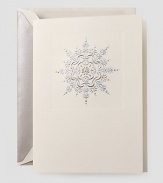 The beauty of a snowy evening, from the purple glow in the sky to the tiny flakes blanketing the ground, is conveyed in this snow white card engraved with a platinum and pale blue snow star. Inside reads Season's Greetings, engraved in platinum. Set of 10 cards5.5 X 7.38Made in USA