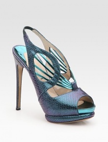 Skinny metallic leather straps make their way through lustrous snakeskin and conclude with a secure slingback strap. Self-covered heel, 5 (125mm) Covered platform, ½ (15mm) Compares to a 4½ heel (115mm) Python upper Leather lining and sole Padded insole Made in Italy Skinny metallic leather straps make their way through lustrous snakeskin and conclude with a secure slingback strap. Self-covered heel, 5 (125mm) Covered platform, ½ (15mm) Compares to a 4½ heel (115mm) Python upper Leather lining and sole Padded insole Made in Italy