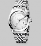 From the Timeless Collection. A stainless steel design is set with silver diamond-pattern dial in a timeless look of elegance. Ronda quartz 1042 movement Water-resistant to 3ATM Steel-polished case, 38mm, (1½) Scratch-resistant sapphire crystal face Markers Second hand Date display at 4 o'clock Jewelry clasp Made in Switzerland 