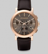 A standard-bearer of gentlemanly style, designed with a taupe dial, three-eye chronograph functionality and rose gold detail on a leather strap. Round bezel Quartz movement Three-eye chronograph functionality Water resistant to 5 ATM Date function at 4 o'clock Second hand Stainless steel case: 40mm (1.57) Leather strap: 20mm (0.79) Made in Switzerland 