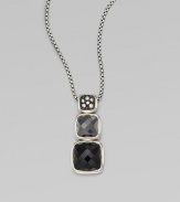 From the Chiclet Collection. A graduated design with cool hemitite, dark black onyx and dazzling diamonds in blackened sterling silver on a box link chain.Hemitite and black onyxDiamonds, .12 tcwBlackened sterling silverLength, about 17 to 18 adjustable Pendant size, about 1½Lobster clasp closureImported 