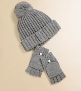 A classic kids' hat in a warm, weighty wool-blend from Italy, with a toasty turn-back cuff and a giant pompom on top.Allover ribbingTurn-back edge40% wool/28% rayon/15% nylon/10% cashmere/7% angoraDry cleanImported