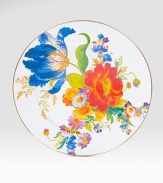 A garden-fresh design brings charming color to any room or event, hand-glazed and decorated with bright florals on the top and bottom. Bronzed stainless steel rim Enameled steel 16 diam. Dishwasher safe Imported 