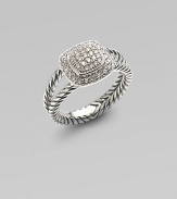 From the Petite Albion Collection. A sparkling tiered cushion of pavé diamonds atop a split shank twisted cable band. Diamonds, 0.34 tcw Sterling silver About ½ square Made in USA