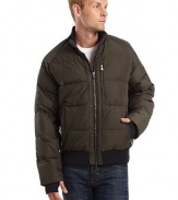 THE LOOKWindproof down bomber jacketRib-knit stand collarTwo-way front zip closureThree vertical zip pocketsLong sleeves with hand-warmer cuffsRib-knit bottom bandTwo inner security pocketsTHE FITAbout 28 from shoulder to hemTHE MATERIALShell: polyesterLining: nylonFill: 90% down/10% feathersCARE & ORIGINMachine washImported