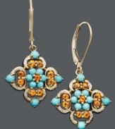 Complement your sultry summer wardrobe with the perfect pair of earrings. Boldly colored turquoise stones (3/4 ct. t.w.) and round-cut citrine (1/2 ct. t.w.) combine in a rich 14k gold setting. Approximate drop: 5/8 inch.