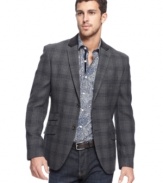 Professorial polish. Get your buttoned-up look studied with this plaid blazer from Tallia Orange.