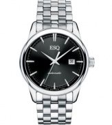 An absolutely stunning and classic design from ESQ by Movado, this Chronicle watch features self-winding movement. Stainless steel bracelet and round case with exhibition back and sapphire crystal. Black dial features applied silvertone stick indices, printed minute track, date window at three o'clock and logo at twelve o'clock. Swiss automatic movement. Water resistant to 50 meters. Two-year limited warranty.