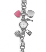 Get there on time with your heart on your sleeve. Watch by Style&co. crafted of silver tone bracelet featuring five charms: silver tone heart, pink enamel heart, crystal-accented heart, padlock and key. Round case with mother-of-pearl dial features numerals at twelve, three, six and nine o'clock, three hands and logo. Quartz movement. Two-year limited warranty.