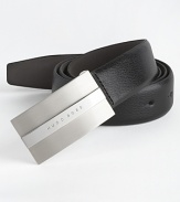 30 mm leather belt with solid buckle with Hugo Boss logo.