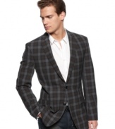 Preppy plaid gets a jolt of modern style with this slim-fit blazer from DKNY.