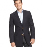 A timeless American standard. This good-looking navy blazer offer a trim fit and classic gold-button details.