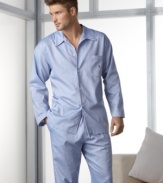 A comfortable pajama pant for sleeping or lounging. Features elasticized waistband, fly with single-button closure and on-seam side pockets.