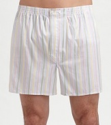 Utterly soft, mercerized cotton with satin stripes and rear panel seat construction for added comfort. Twin needle stitching for a longer life Two-button elastic waistband Inseam, about 4 Cotton Machine wash Imported 